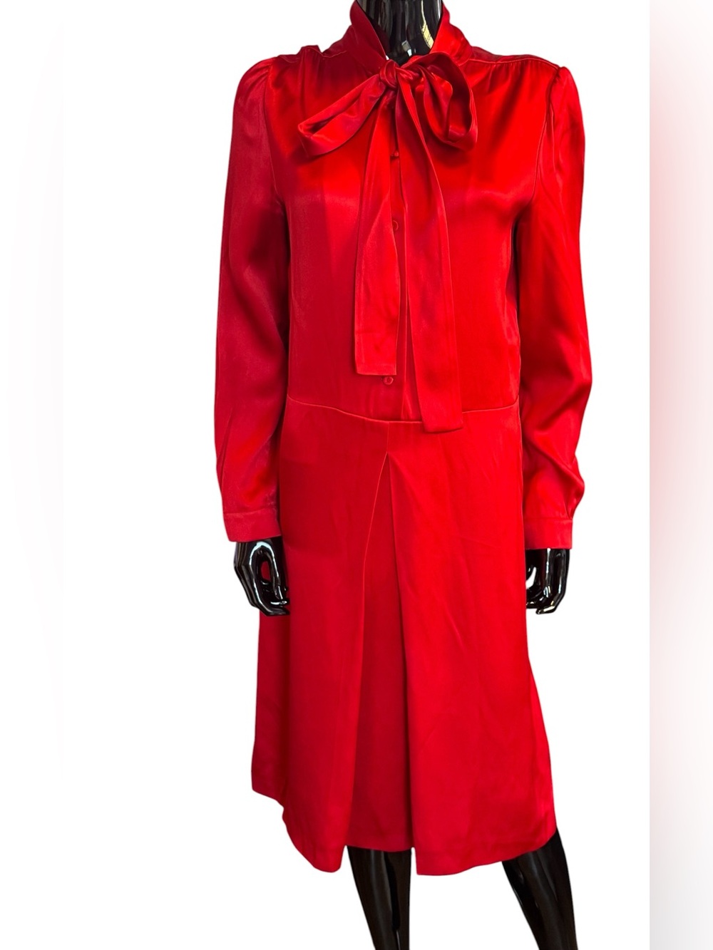 Prada Red Long-Sleeve Tie-Neck Midi Dress satin feel IT 42